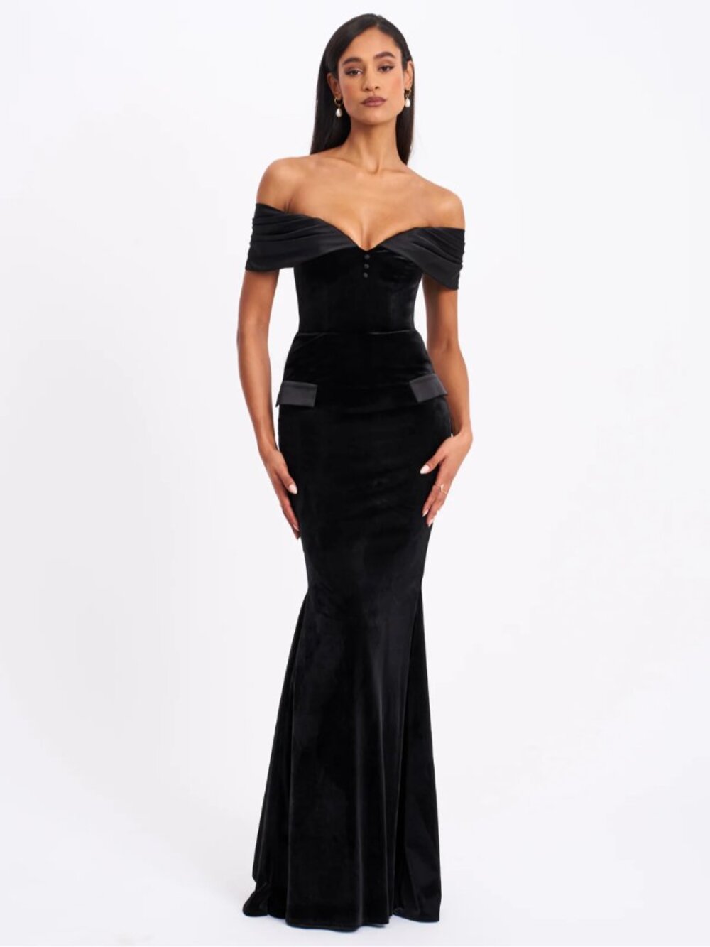 Miss Circle Qamra Black Velvet Off Shoulder Gown Dress